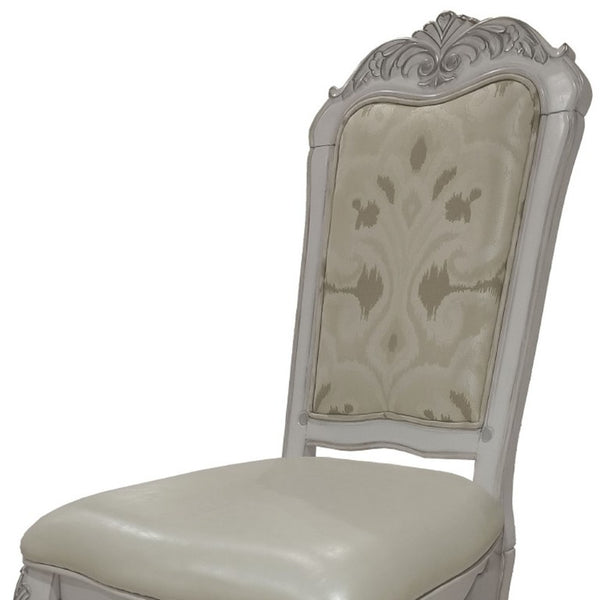 Set of Two Floral Upholstered Dining Side Chairs with Faux Leather Trim and Solid Wood Legs