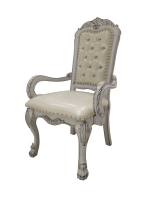 HomeRoots Set of Two Elegant Tufted White Faux Leather Dining Armchairs with Wood Legs for Versatile Use 573331