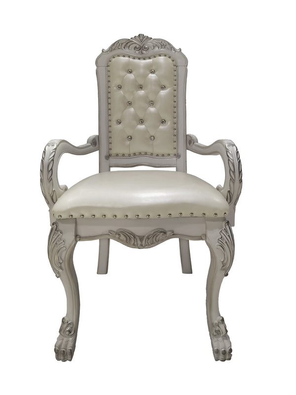 HomeRoots Set of Two Elegant Tufted White Faux Leather Dining Armchairs with Wood Legs for Versatile Use 573331