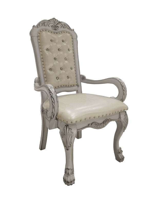 HomeRoots Set of Two Elegant Tufted White Faux Leather Dining Armchairs with Wood Legs for Versatile Use 573331