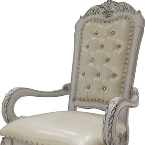HomeRoots Set of Two Elegant Tufted White Faux Leather Dining Armchairs with Wood Legs for Versatile Use 573331