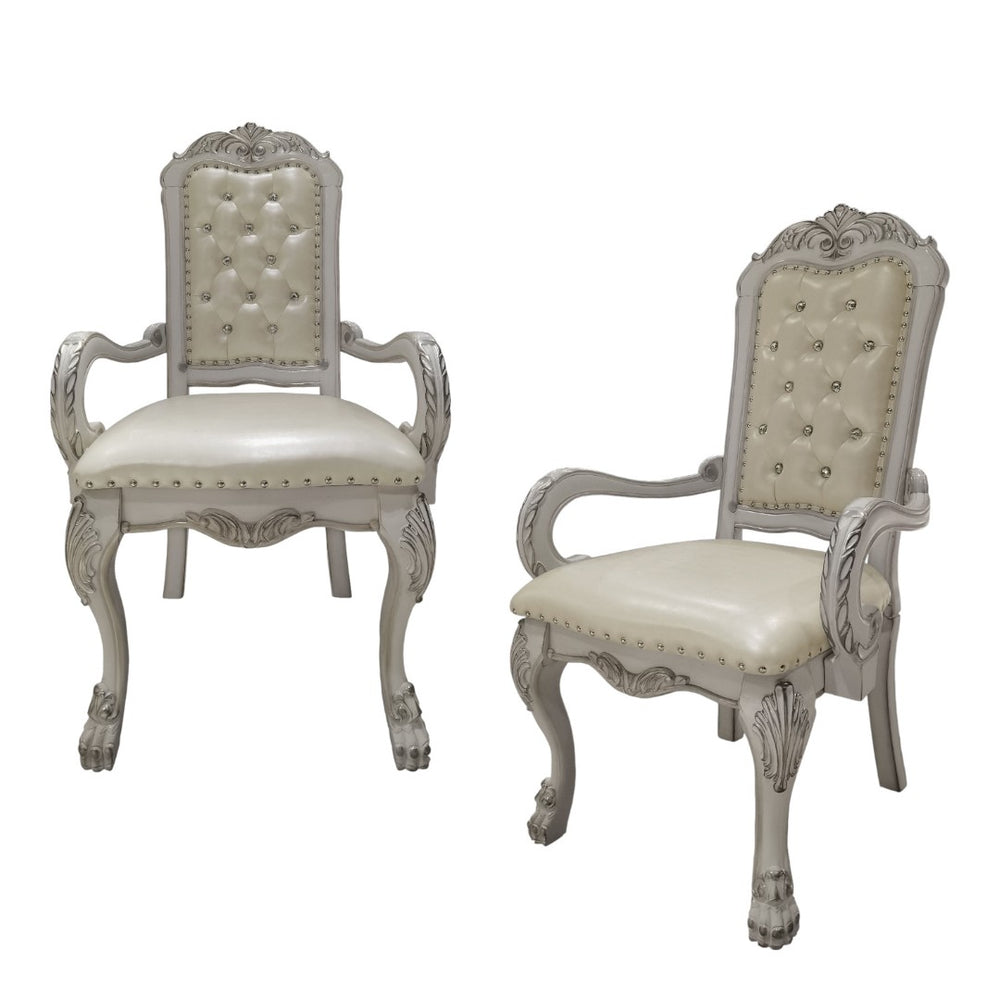HomeRoots Set of Two Elegant Tufted White Faux Leather Dining Armchairs with Wood Legs for Versatile Use 573331