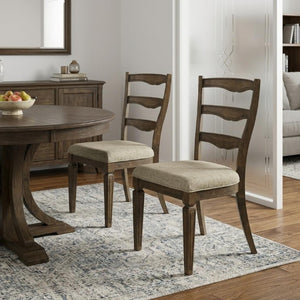 Set of Two Solid Wood Ladder Back Side Chairs with Beige Upholstered Woven Seats