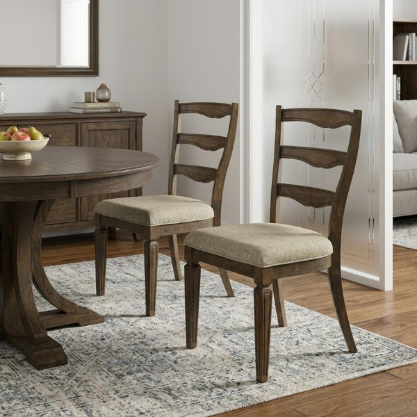 Set of Two Solid Wood Ladder Back Side Chairs with Beige Upholstered Woven Seats