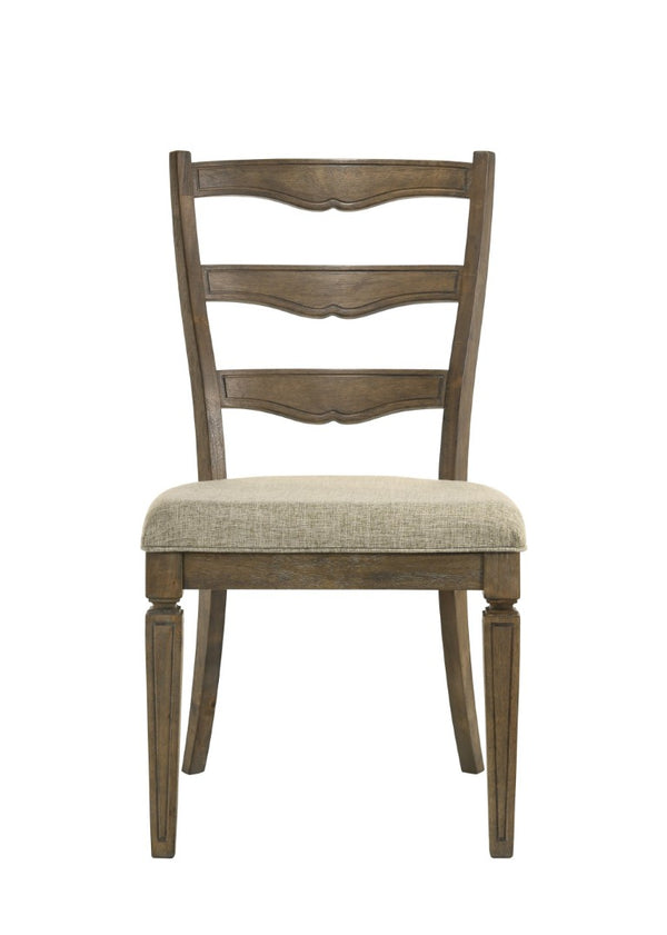 Set of Two Solid Wood Ladder Back Side Chairs with Beige Upholstered Woven Seats