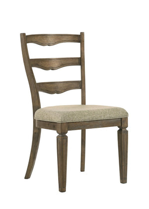 Set of Two Solid Wood Ladder Back Side Chairs with Beige Upholstered Woven Seats