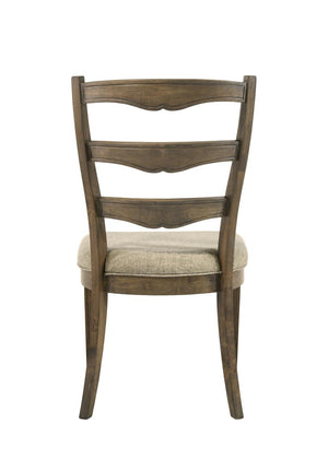 Set of Two Solid Wood Ladder Back Side Chairs with Beige Upholstered Woven Seats