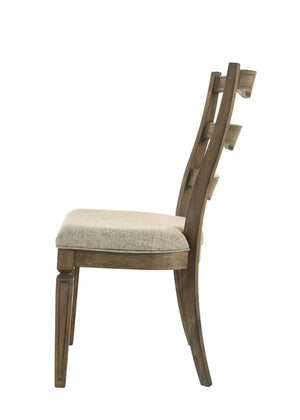 Set of Two Solid Wood Ladder Back Side Chairs with Beige Upholstered Woven Seats