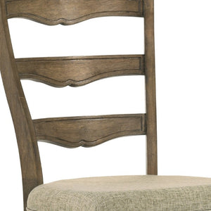 Set of Two Solid Wood Ladder Back Side Chairs with Beige Upholstered Woven Seats