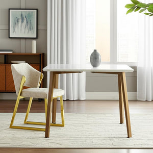 HomeRoots Beige Wing Back Dining Chair - Stylish Boucle Upholstered Accent with Gold Geometric Legs for Comfort 573341
