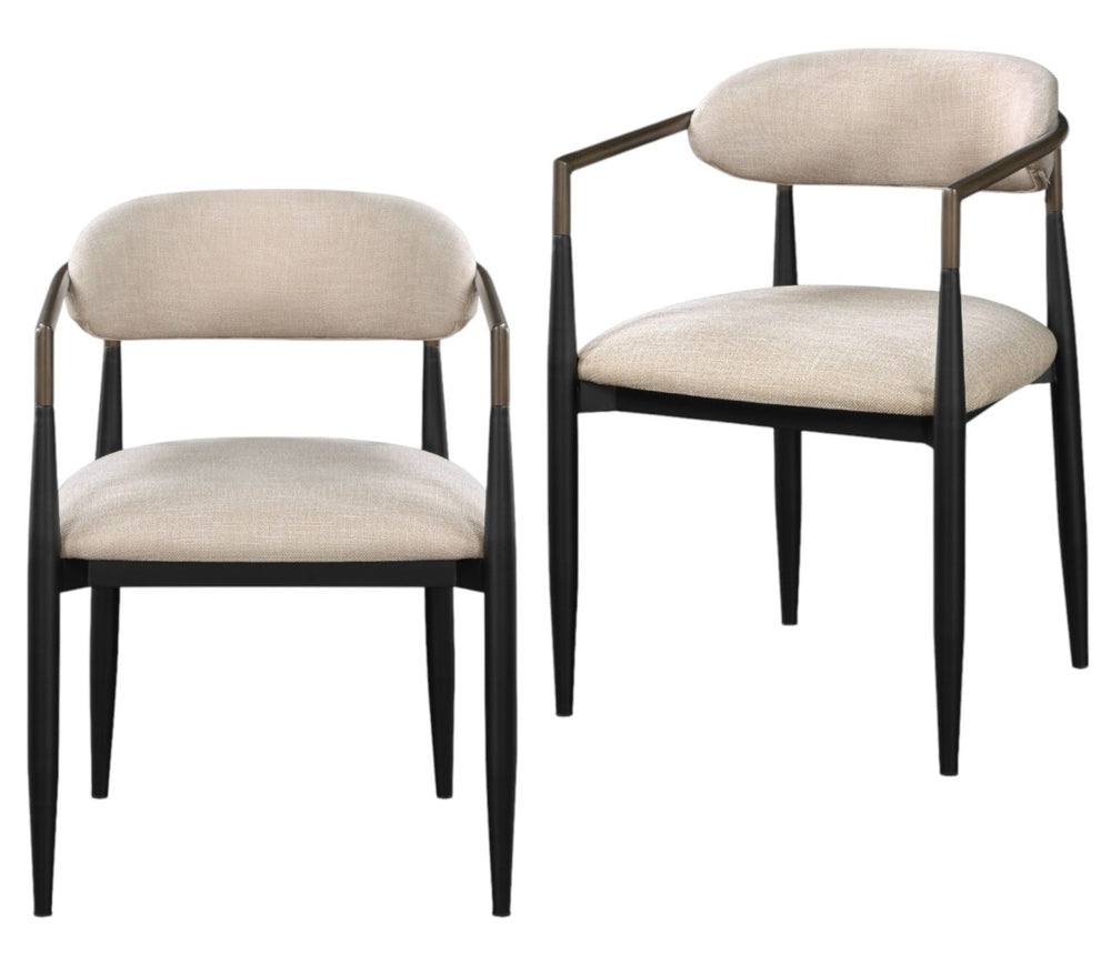 HomeRoots Set of Two Stylish Beige and Black Upholstered Dining Arm Chairs for Modern Spaces and Comfort 573343