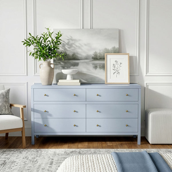 Butler Specialty Butler Nora Three-Drawer Chest in Light Blue with Acacia Accents, Soft-Close Drawers, Coastal Chic 60"W x 18"D x 32.5"H 5733522