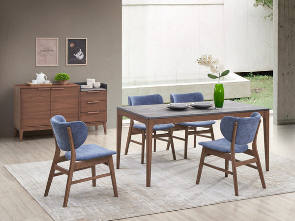 HomeRoots Set of Two Upholstered Blue and Brown Open-Back Dining Chairs for Modern Scandinavian Spaces 573353