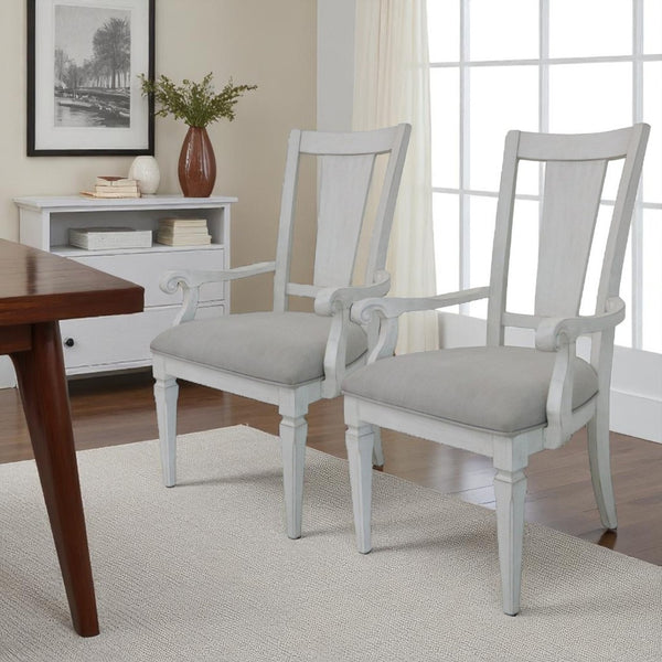 HomeRoots Set of Two Stylish Light Gray Linen Dining Armchairs with White Solid Wood Legs for Modern Elegance 573365