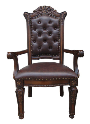 HomeRoots Set of Two Elegant Tufted Brown Faux Leather Arm Chairs with Redwood Legs for Dining & Accent Use 573370