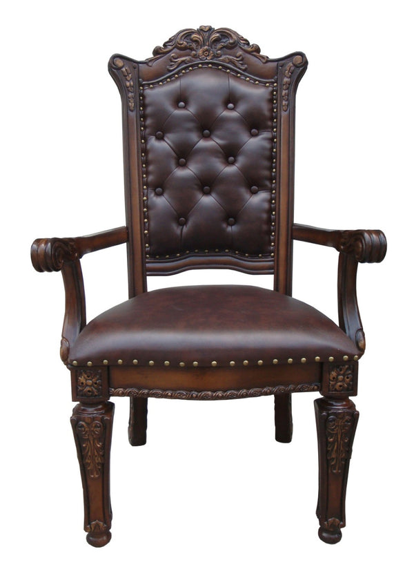 HomeRoots Set of Two Elegant Tufted Brown Faux Leather Arm Chairs with Redwood Legs for Dining & Accent Use 573370