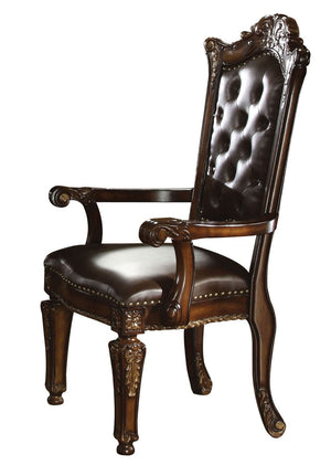 HomeRoots Set of Two Elegant Tufted Brown Faux Leather Arm Chairs with Redwood Legs for Dining & Accent Use 573370