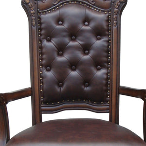 HomeRoots Set of Two Elegant Tufted Brown Faux Leather Arm Chairs with Redwood Legs for Dining & Accent Use 573370