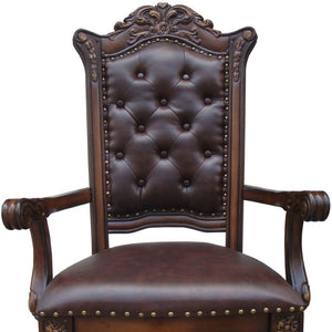 HomeRoots Set of Two Elegant Tufted Brown Faux Leather Arm Chairs with Redwood Legs for Dining & Accent Use 573370