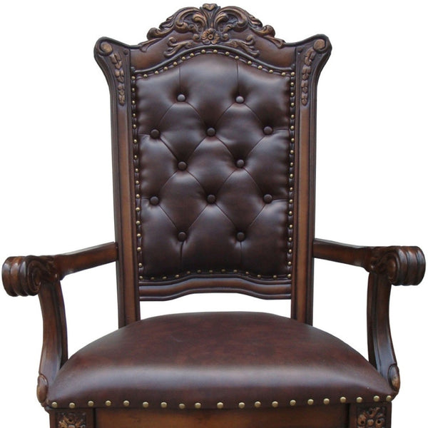 HomeRoots Set of Two Elegant Tufted Brown Faux Leather Arm Chairs with Redwood Legs for Dining & Accent Use 573370