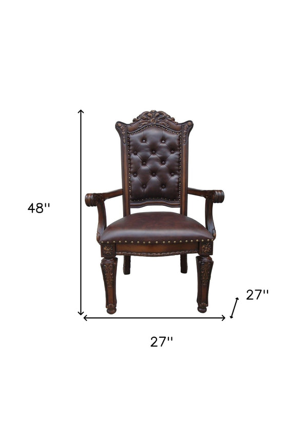 HomeRoots Set of Two Elegant Tufted Brown Faux Leather Arm Chairs with Redwood Legs for Dining & Accent Use 573370