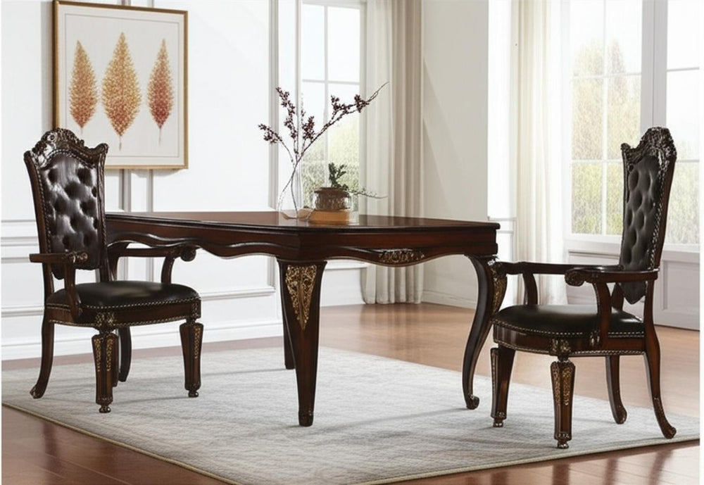 HomeRoots Set of Two Elegant Tufted Brown Faux Leather Arm Chairs with Redwood Legs for Dining & Accent Use 573370