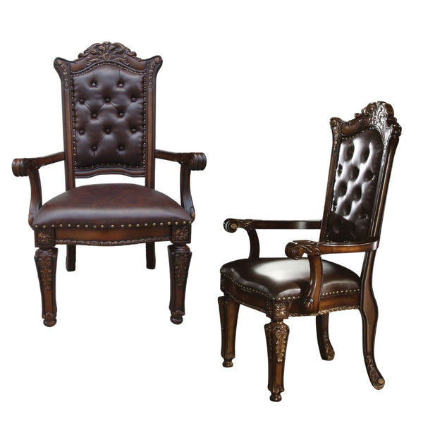HomeRoots Set of Two Elegant Tufted Brown Faux Leather Arm Chairs with Redwood Legs for Dining & Accent Use 573370