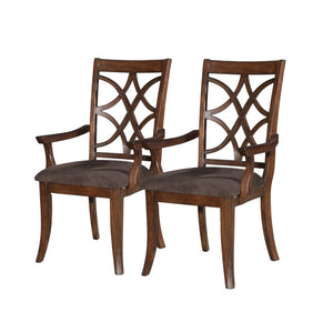 HomeRoots Set of Two Elegant Brown Microfiber & Solid Wood Open-Back Arm Chairs for Versatile Dining & Decor 573374