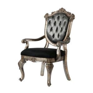 HomeRoots Set of Two Tufted Dark Gray Dining Arm Chairs with Platinum Legs for Stylish Home Comfort 573376