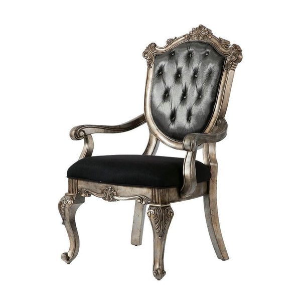 HomeRoots Set of Two Tufted Dark Gray Dining Arm Chairs with Platinum Legs for Stylish Home Comfort 573376