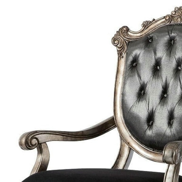HomeRoots Set of Two Tufted Dark Gray Dining Arm Chairs with Platinum Legs for Stylish Home Comfort 573376