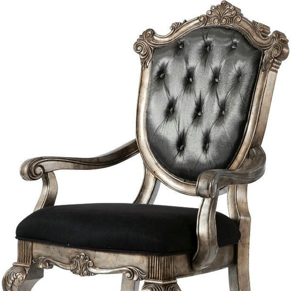 HomeRoots Set of Two Tufted Dark Gray Dining Arm Chairs with Platinum Legs for Stylish Home Comfort 573376