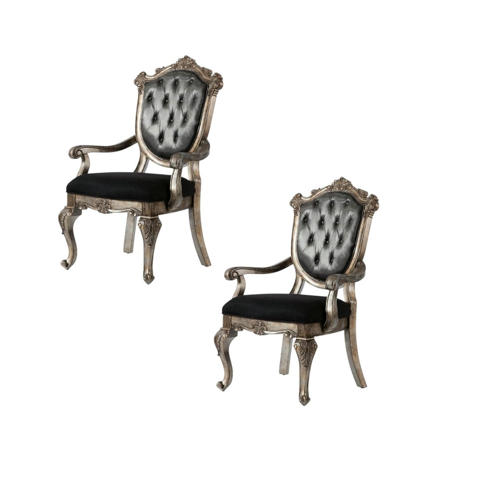 HomeRoots Set of Two Tufted Dark Gray Dining Arm Chairs with Platinum Legs for Stylish Home Comfort 573376