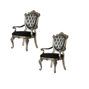 HomeRoots Set of Two Tufted Dark Gray Dining Arm Chairs with Platinum Legs for Stylish Home Comfort 573376