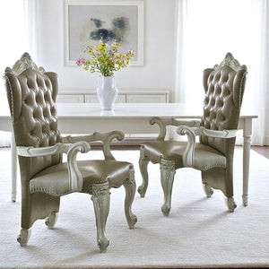 HomeRoots Set of Two Elegant Gray and Bone Tufted Faux Leather Wing Back Arm Chairs for Stylish Spaces 573379