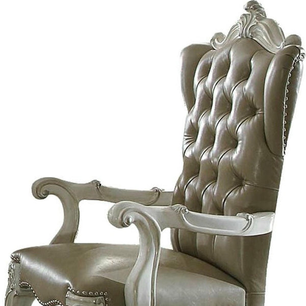 HomeRoots Set of Two Elegant Gray and Bone Tufted Faux Leather Wing Back Arm Chairs for Stylish Spaces 573379