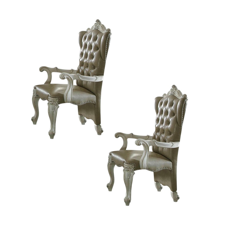 HomeRoots Set of Two Elegant Gray and Bone Tufted Faux Leather Wing Back Arm Chairs for Stylish Spaces 573379