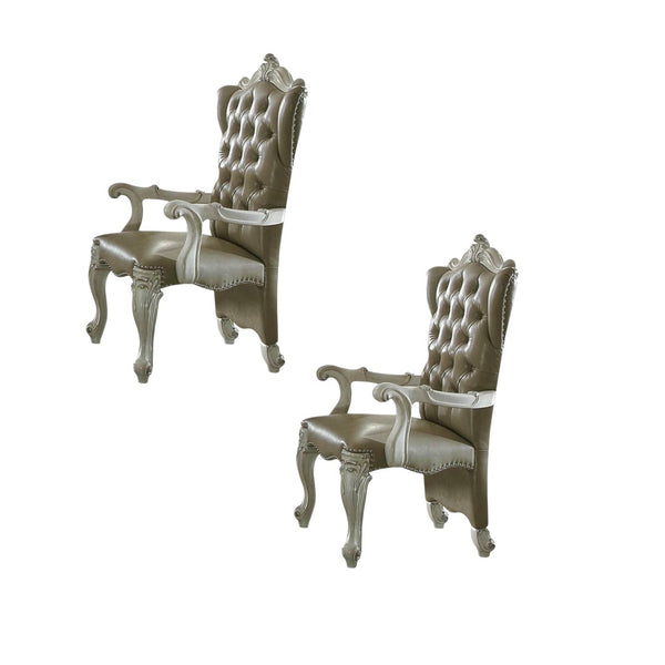 HomeRoots Set of Two Elegant Gray and Bone Tufted Faux Leather Wing Back Arm Chairs for Stylish Spaces 573379