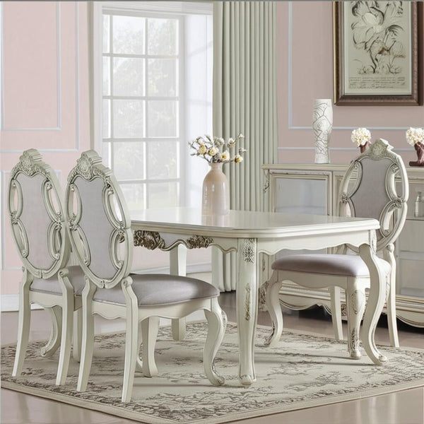 HomeRoots Set of Two Tufted Gray Fabric Side Chairs with Antiqued White Wood Legs for Versatile Elegance 573380
