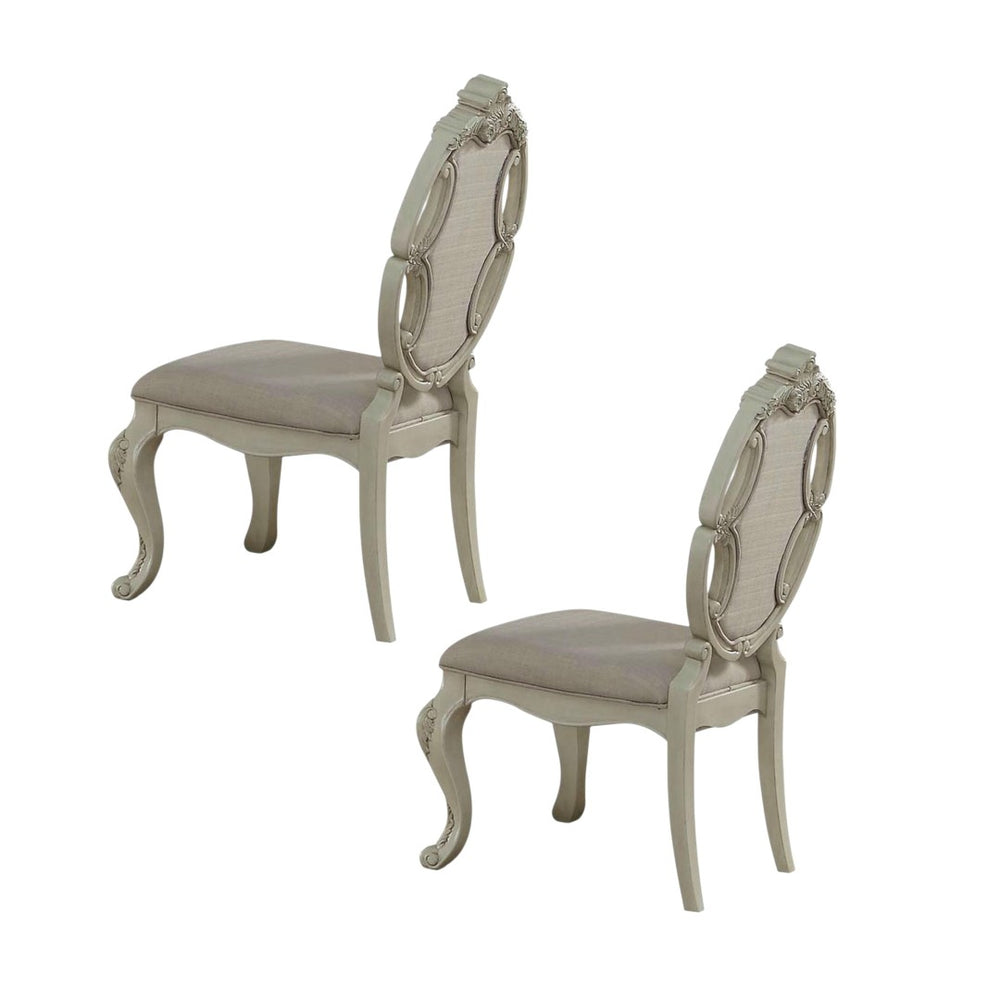 HomeRoots Set of Two Tufted Gray Fabric Side Chairs with Antiqued White Wood Legs for Versatile Elegance 573380