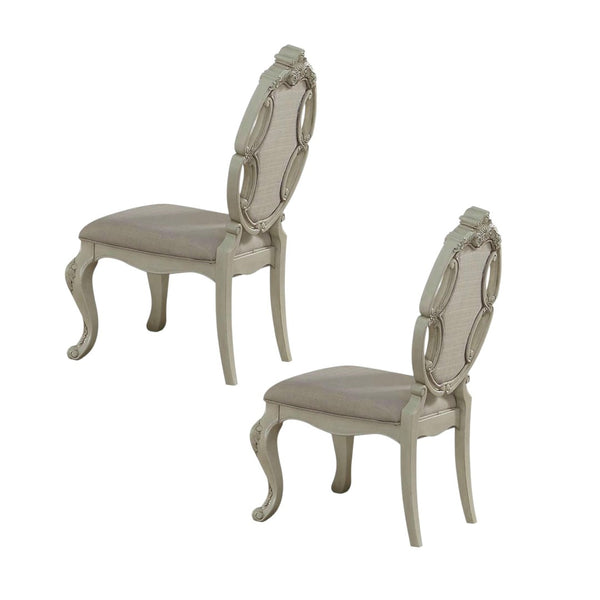 HomeRoots Set of Two Tufted Gray Fabric Side Chairs with Antiqued White Wood Legs for Versatile Elegance 573380
