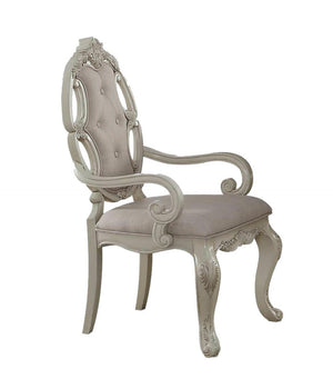 HomeRoots Set of Two Elegant Tufted Gray Fabric Dining Arm Chairs with Antiqued White Wooden Legs 573381