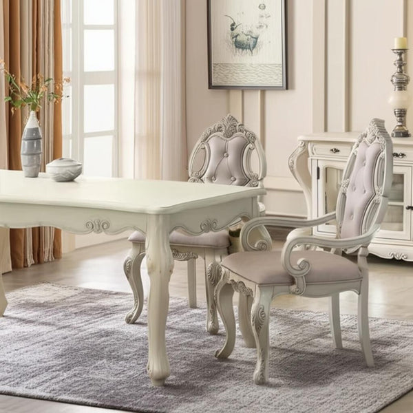 HomeRoots Set of Two Elegant Tufted Gray Fabric Dining Arm Chairs with Antiqued White Wooden Legs 573381