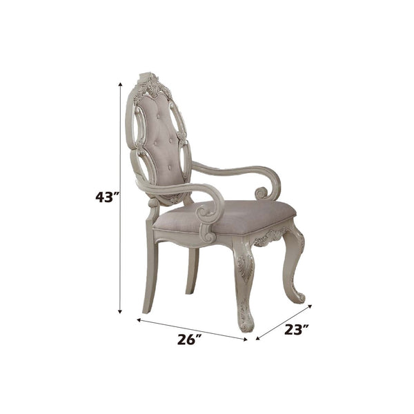 HomeRoots Set of Two Elegant Tufted Gray Fabric Dining Arm Chairs with Antiqued White Wooden Legs 573381
