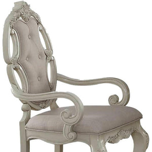 HomeRoots Set of Two Elegant Tufted Gray Fabric Dining Arm Chairs with Antiqued White Wooden Legs 573381