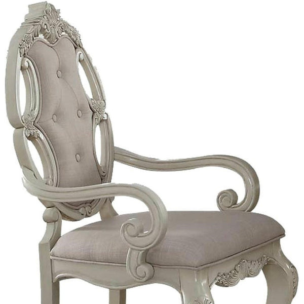 HomeRoots Set of Two Elegant Tufted Gray Fabric Dining Arm Chairs with Antiqued White Wooden Legs 573381