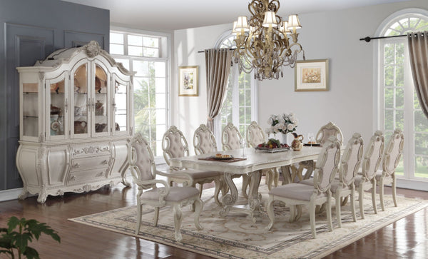 HomeRoots Set of Two Elegant Tufted Gray Fabric Dining Arm Chairs with Antiqued White Wooden Legs 573381