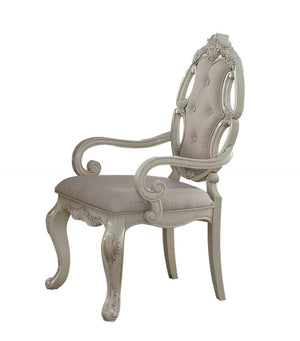 HomeRoots Set of Two Elegant Tufted Gray Fabric Dining Arm Chairs with Antiqued White Wooden Legs 573381