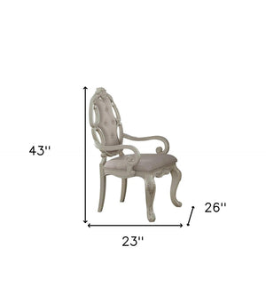 HomeRoots Set of Two Elegant Tufted Gray Fabric Dining Arm Chairs with Antiqued White Wooden Legs 573381