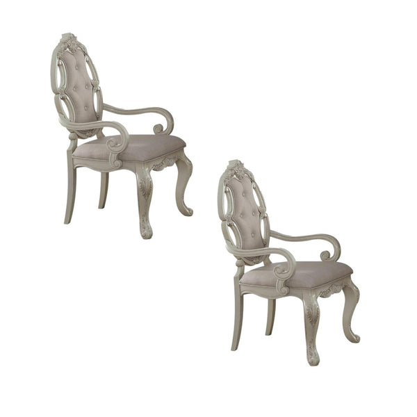 HomeRoots Set of Two Elegant Tufted Gray Fabric Dining Arm Chairs with Antiqued White Wooden Legs 573381